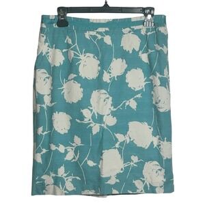 Boden Floral‎ Pencil Skirt Size 12L Teal White Knee Length Feminine Lined Casual